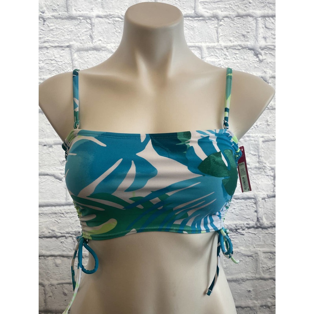 Juniors' Longline Side-Cinch Bandeau Bikini Top - Xhilaration Leaf Print Medium